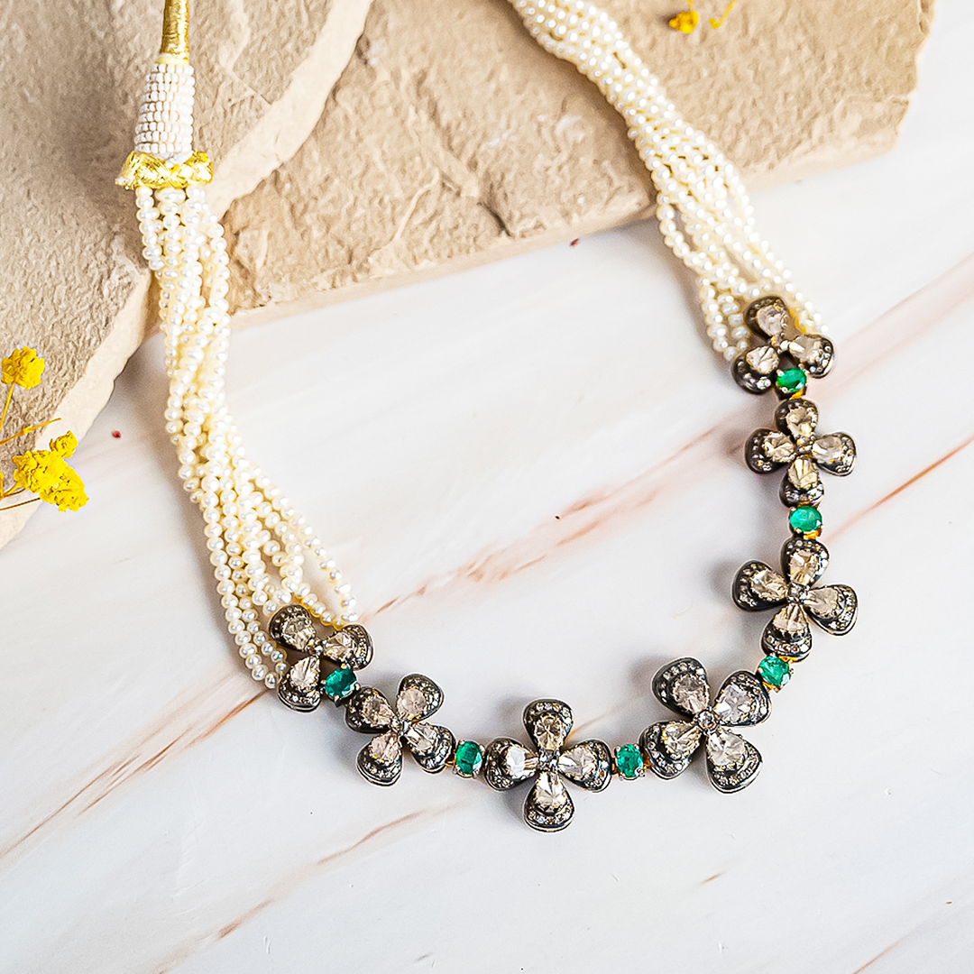 Flower Blossom Polki emerald Necklace