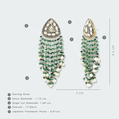 Trillion Uncut Diamond and Emerald Fringe Earrings