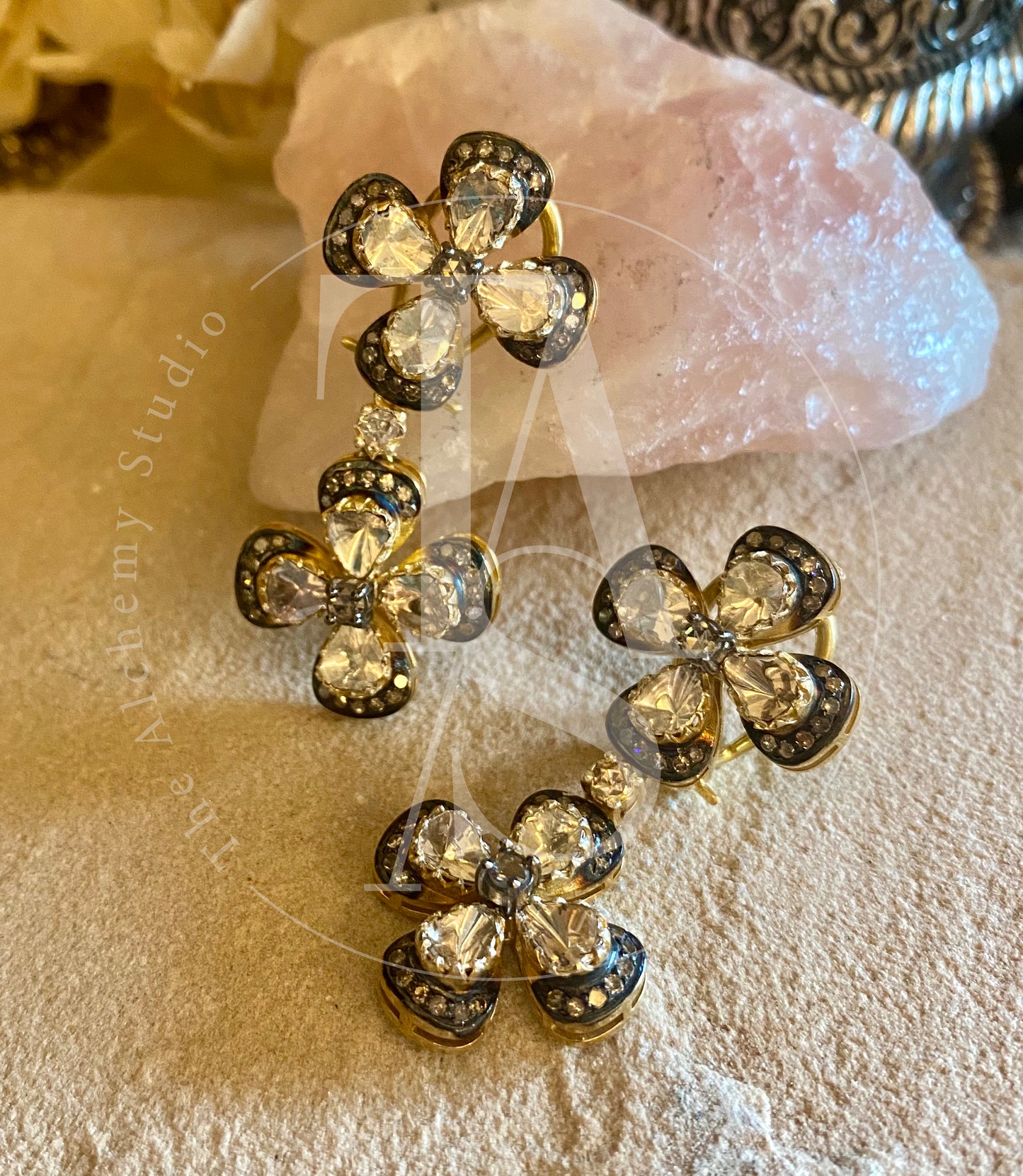 Dual Flower Uncut Diamond Earrings