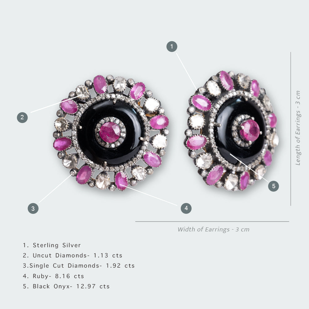 Adelisa Round Black Onyx and Uncut Diamond with Ruby Earrings