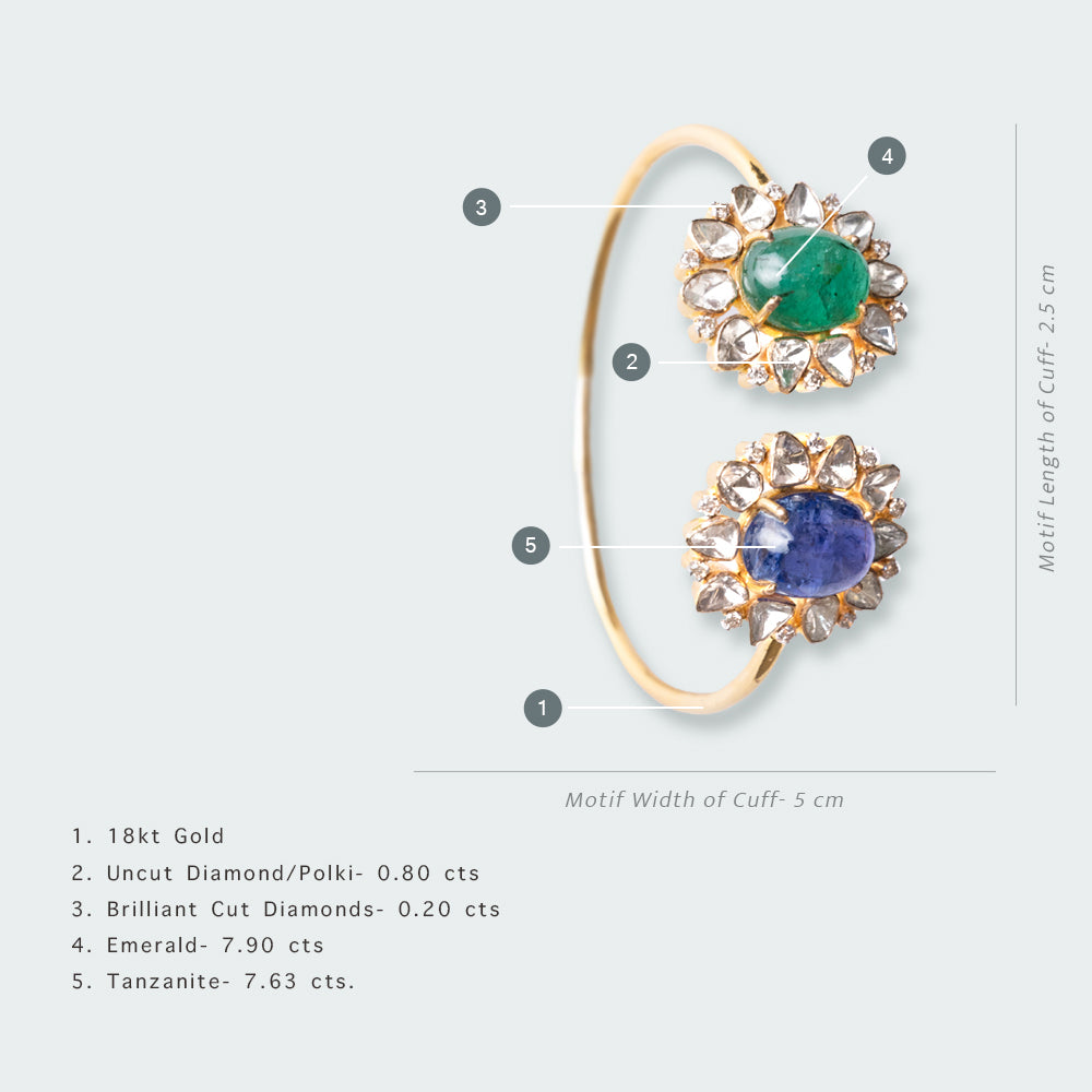 18kt Gold Kiyan Emerald and Tanzanite  Flower Cuff with Uncut Diamonds