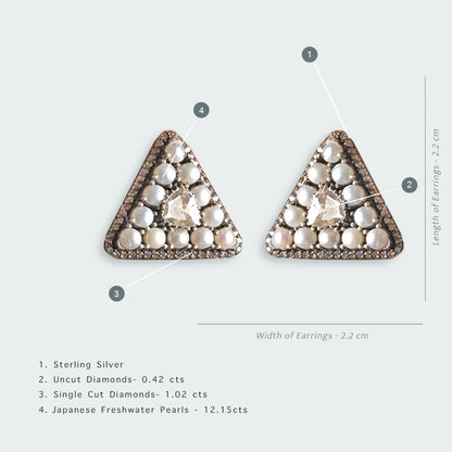 Allete Pearl and Uncut Diamond Triangle Earrings