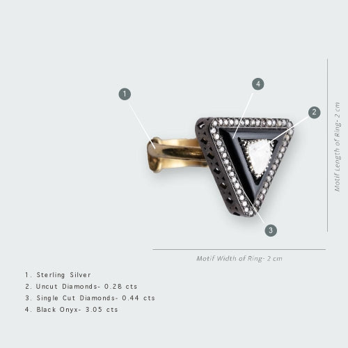 Allete Black Onyx and Uncut Diamond Triangle Ring