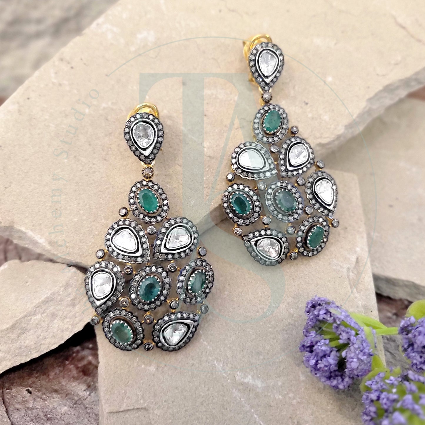 Azry Emerald and Uncut Diamond Earrings