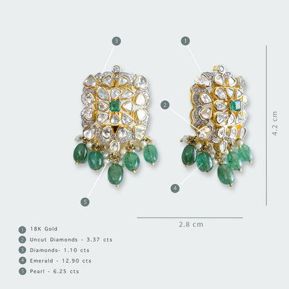 Zainab Sqaure Emerald and Polki Flower Earrings