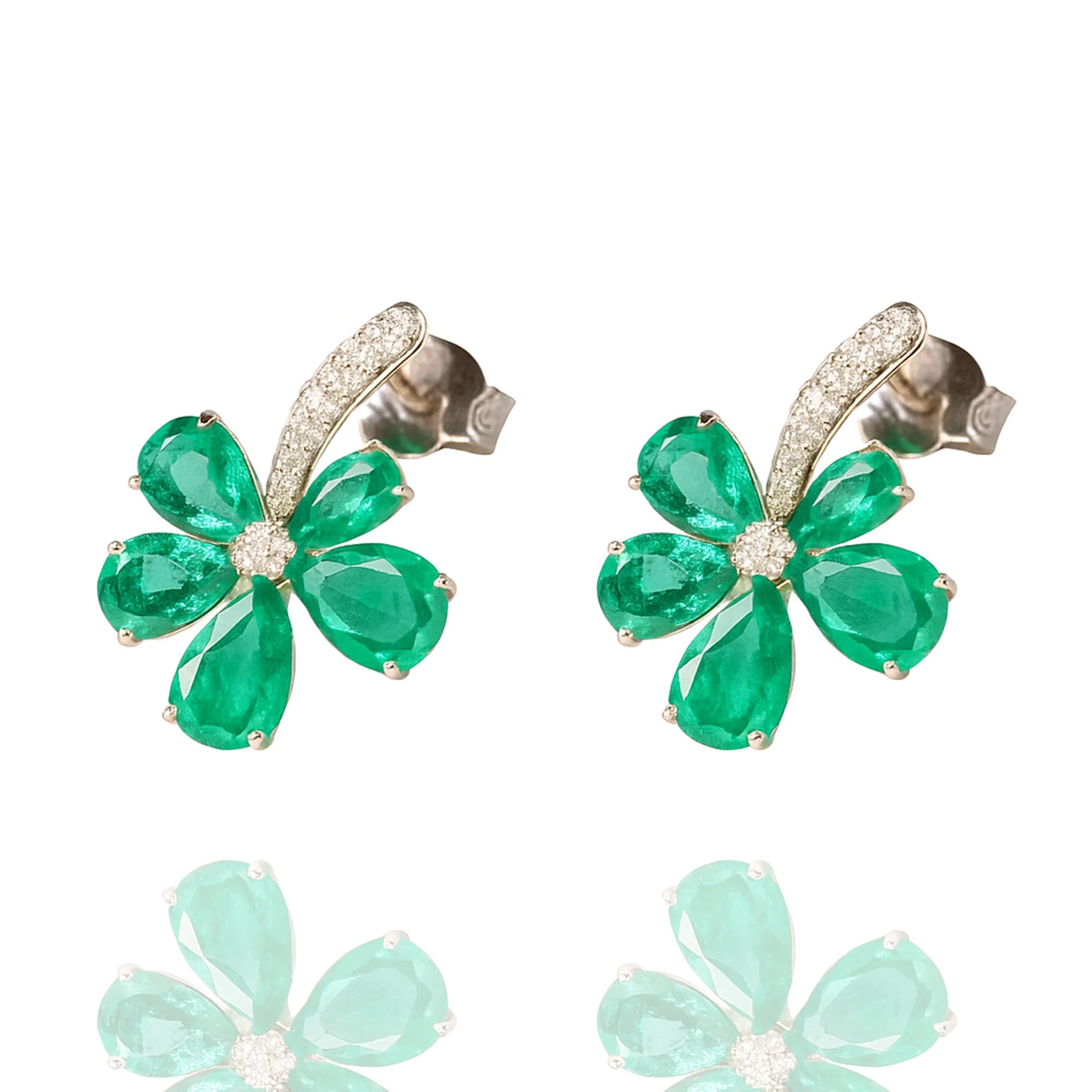 Asymmetric Flower Diamond Emerald Earrings