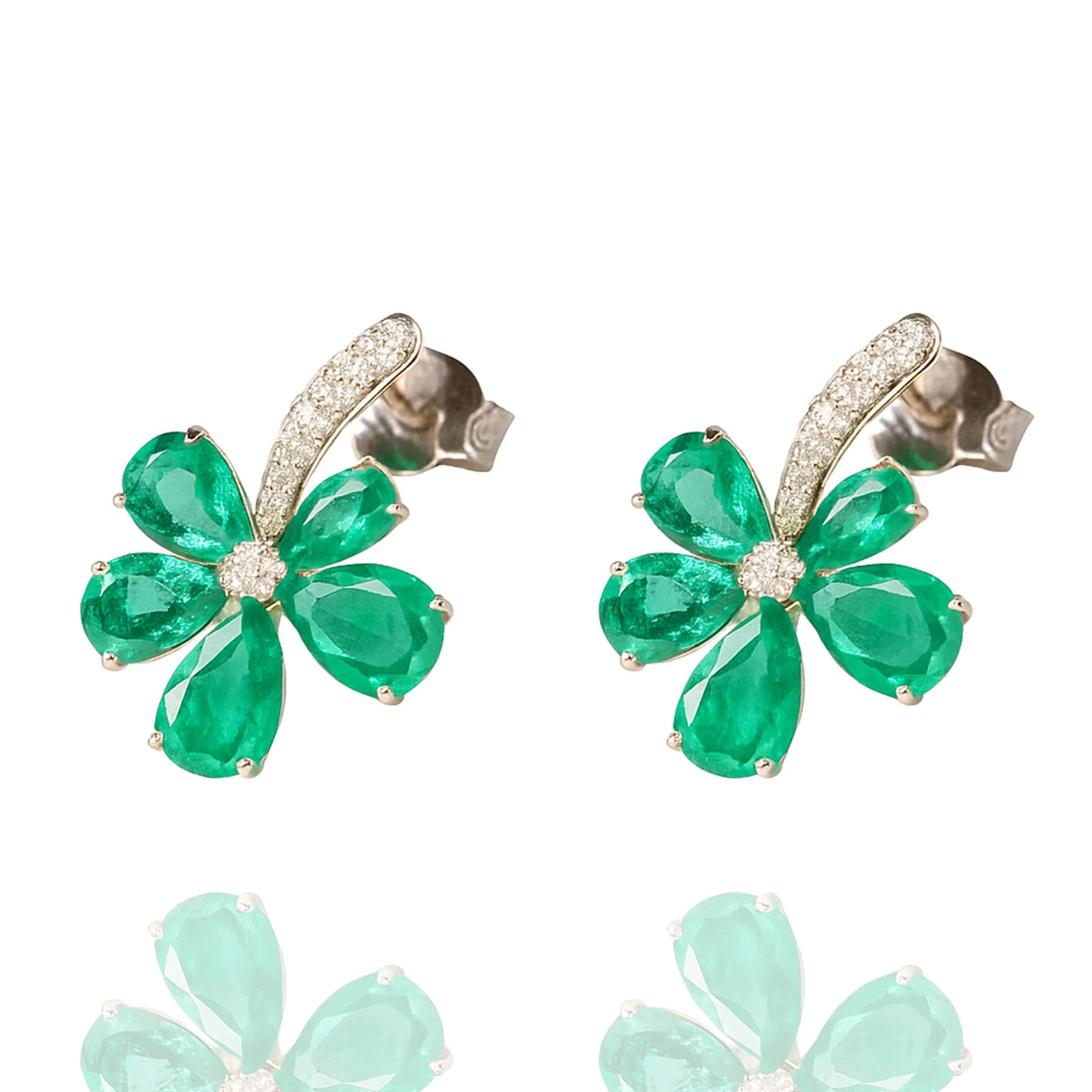 Asymmetric Flower Diamond Emerald Earrings