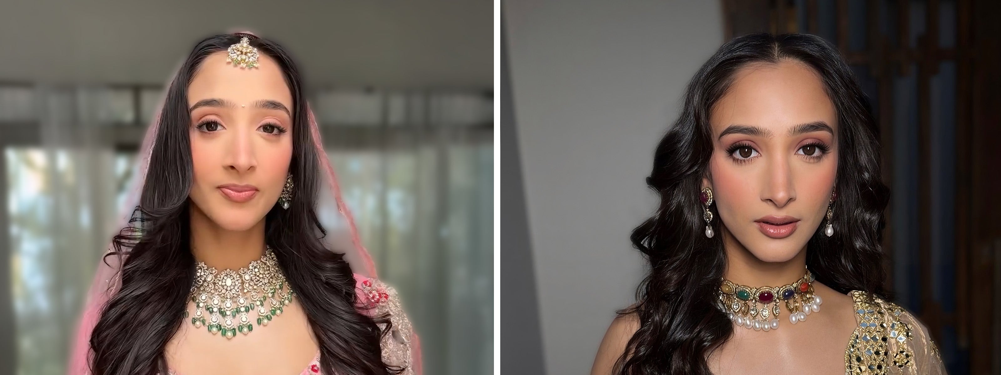 Side-by-side comparison of a woman with traditional jewelry against a blurred indoor background in india