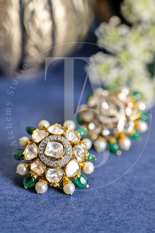 18kt Gold Tohar Uncut Diamond and Emerald Flower Earrings