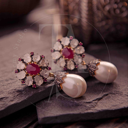 TAS Signature Ruby Uncut Diamond Flower Earrings