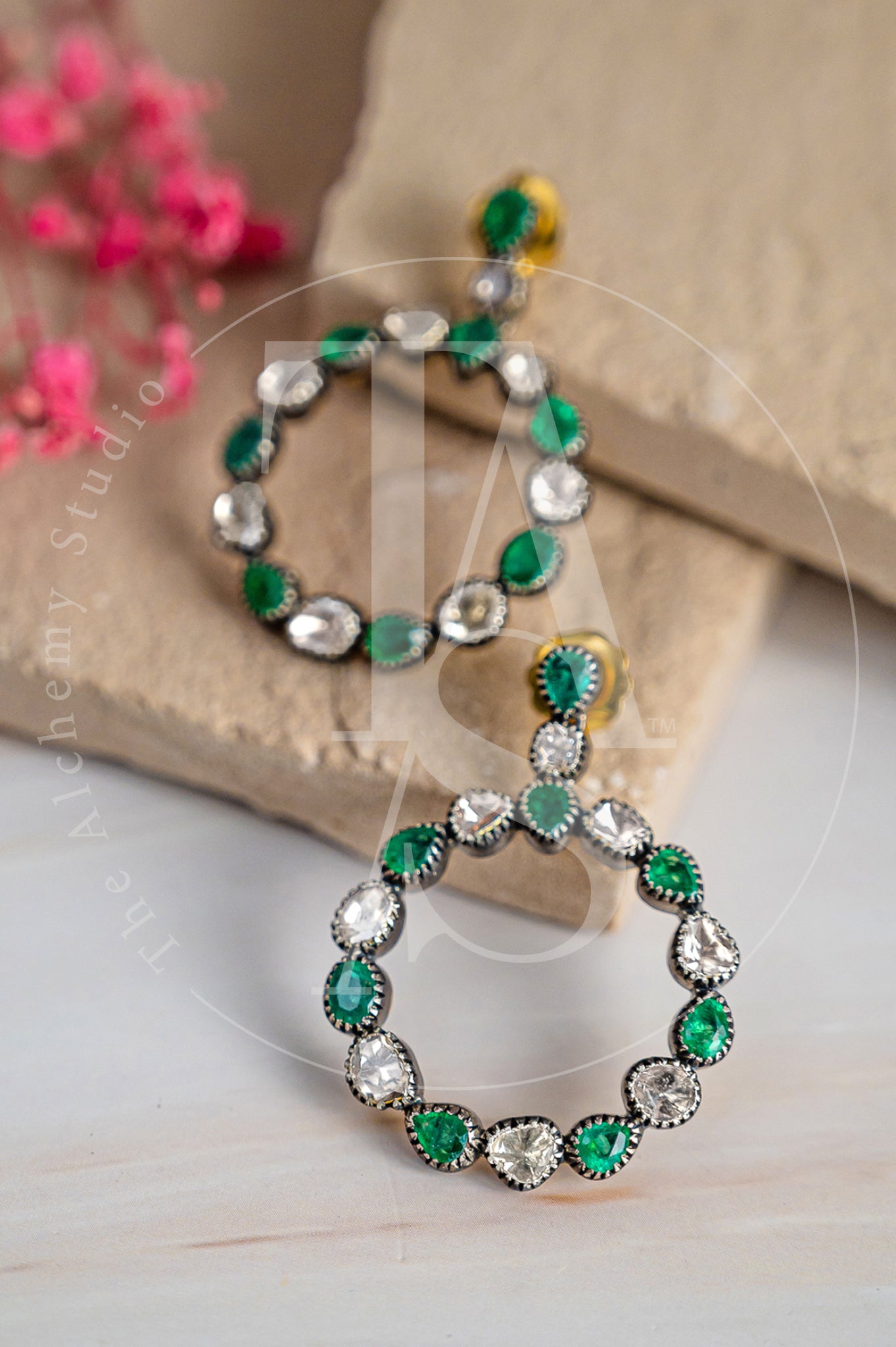 Emerald and Uncut Diamond Hoops
