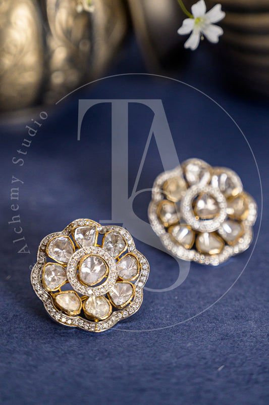 18kt Gold Mireya Diamond Border Uncut Diamond Flower Earrings