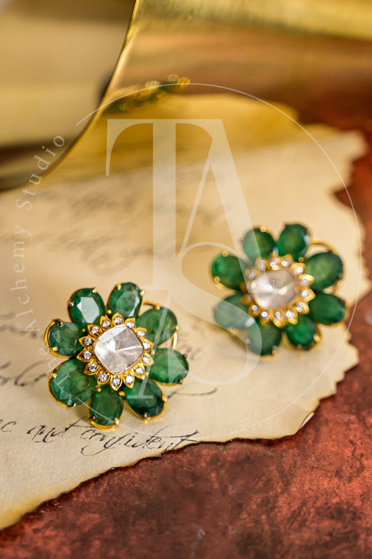 18kt Gold Ezra Emerald and Uncut Diamond Flower Earrings