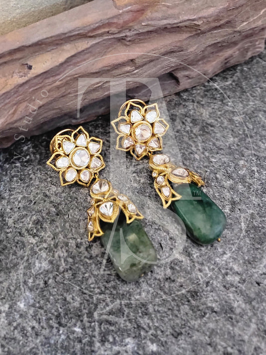 10kt Gold Garden of Eden Uncut Diamond and Emerald Earrings