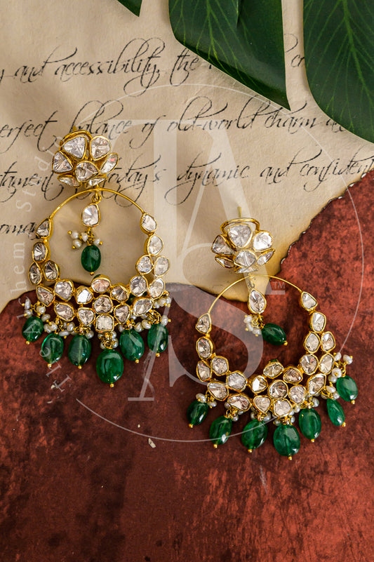 18kt Gold Adiya Uncut Diamond and Emerald Chaand Balis