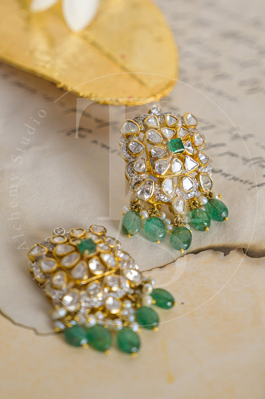 18kt Gold Zainab Sqaure Emerald and Uncut Diamond Flower Earrings