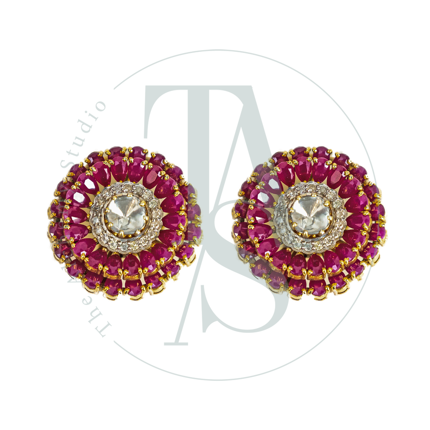 Dual Ruby Flower Uncut Diamond Earrings