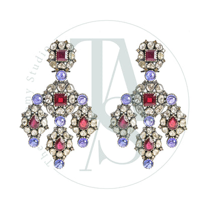 Ruby and Tanzanite Chandelier Uncut Diamond Earrings