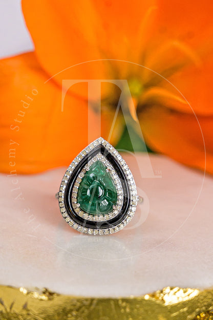 Ira Carved Emerald and Diamond Ring