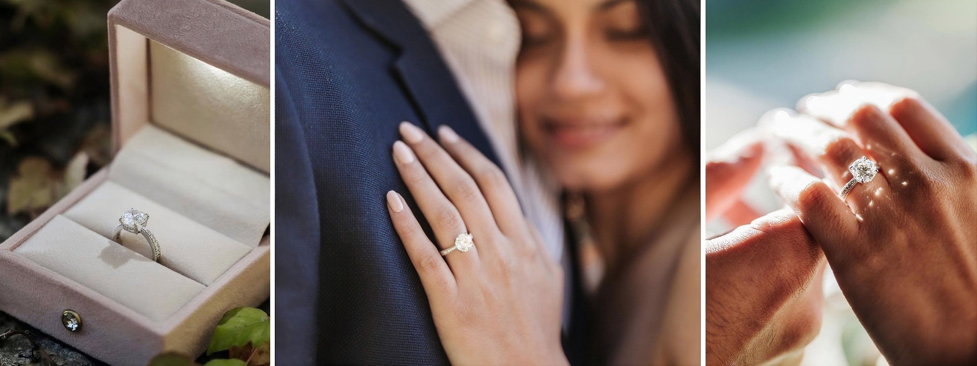 Engagement ring in a box, on a hand, and being worn diamond ring in india