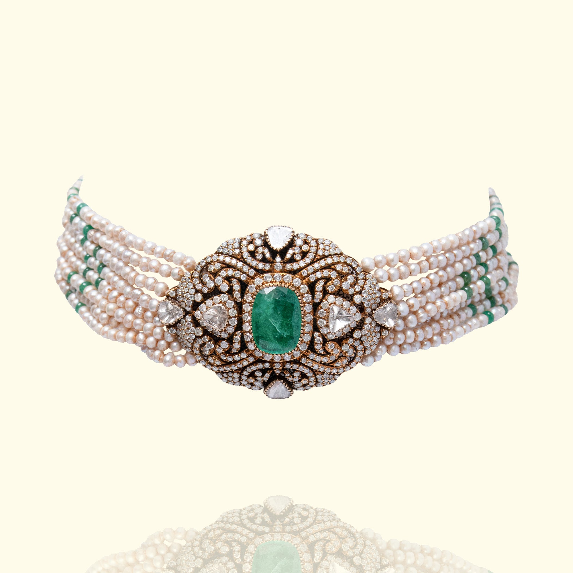 Emerald diamond gold choker, handcrafted luxury fine jewellery, statement choker for women