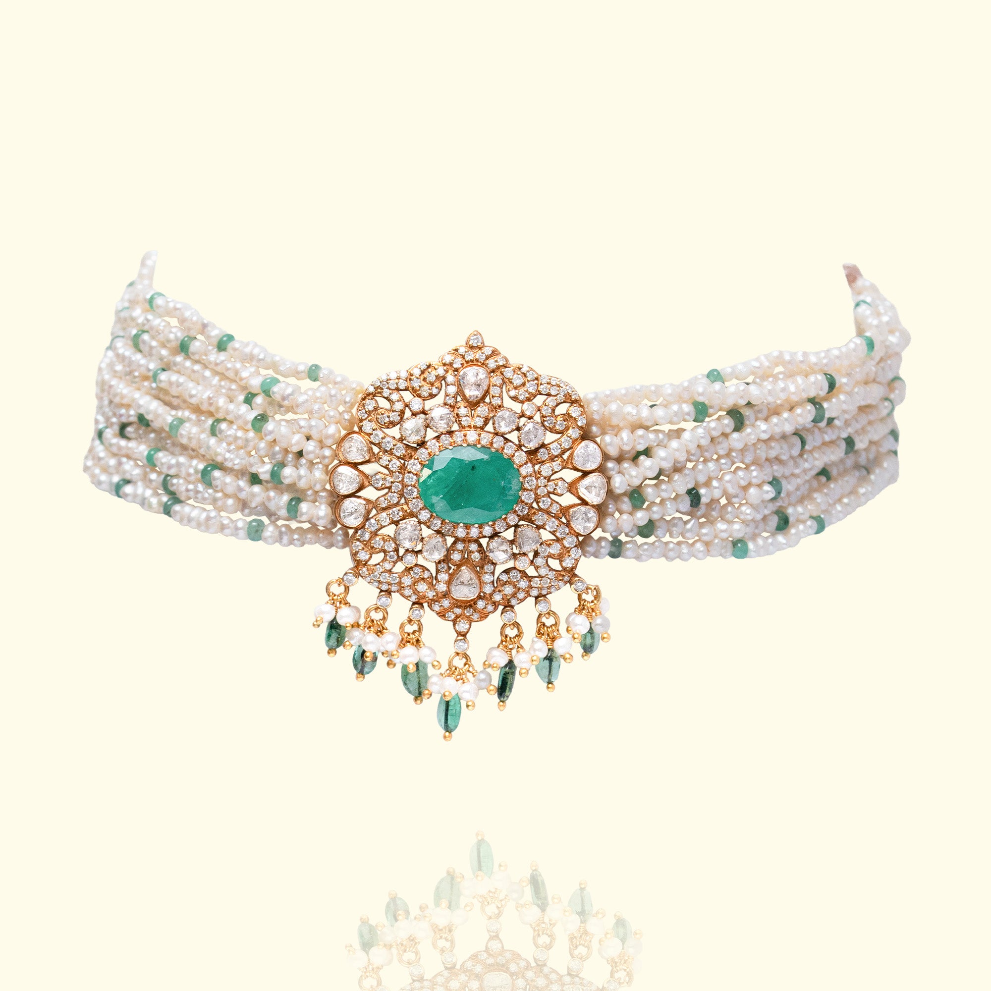 Emerald and Polki diamond gold choker, handcrafted luxury traditional jewellery, statement choker for women