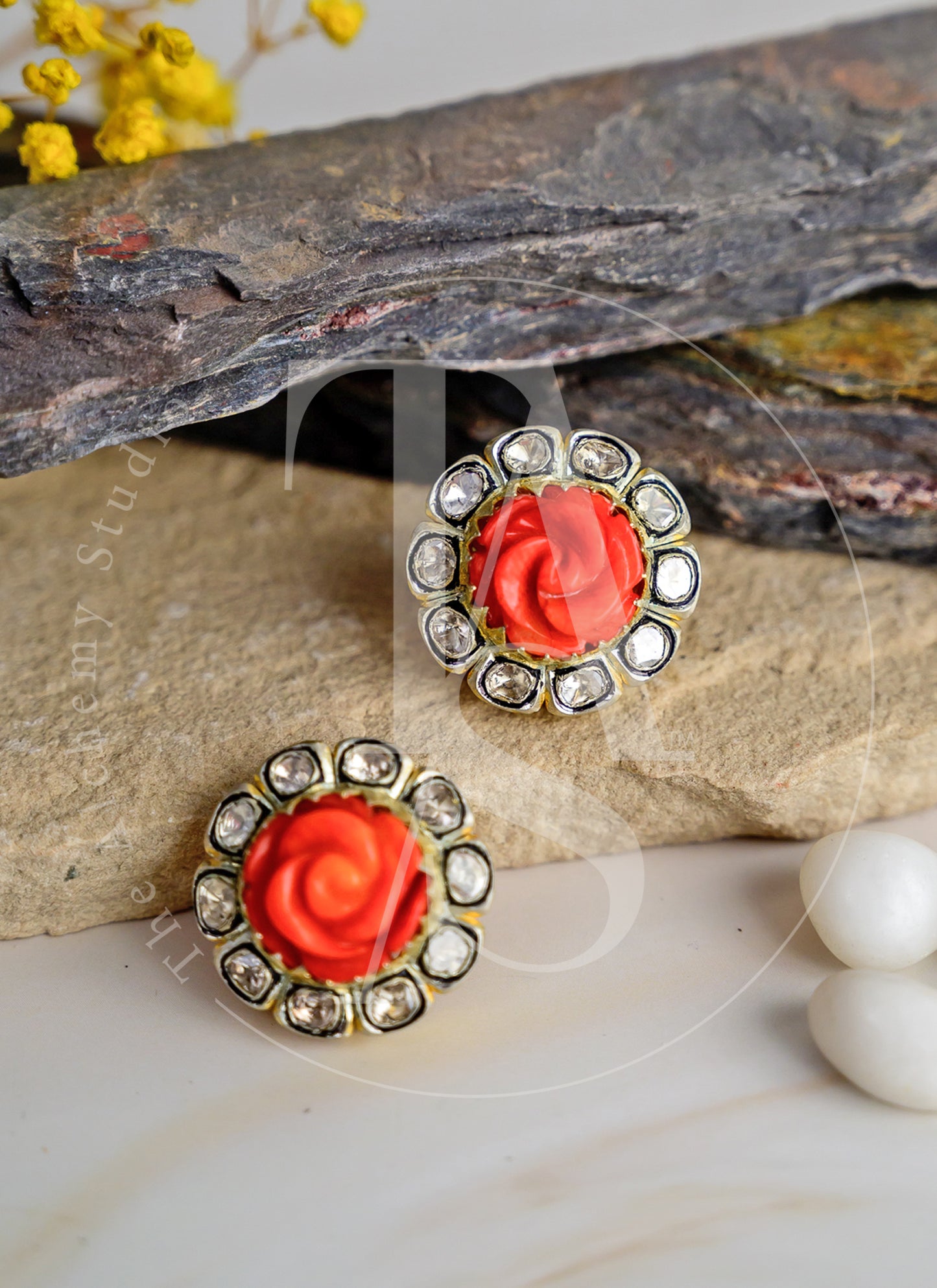 Carved Coral Fiora Uncut Diamond Earrings
