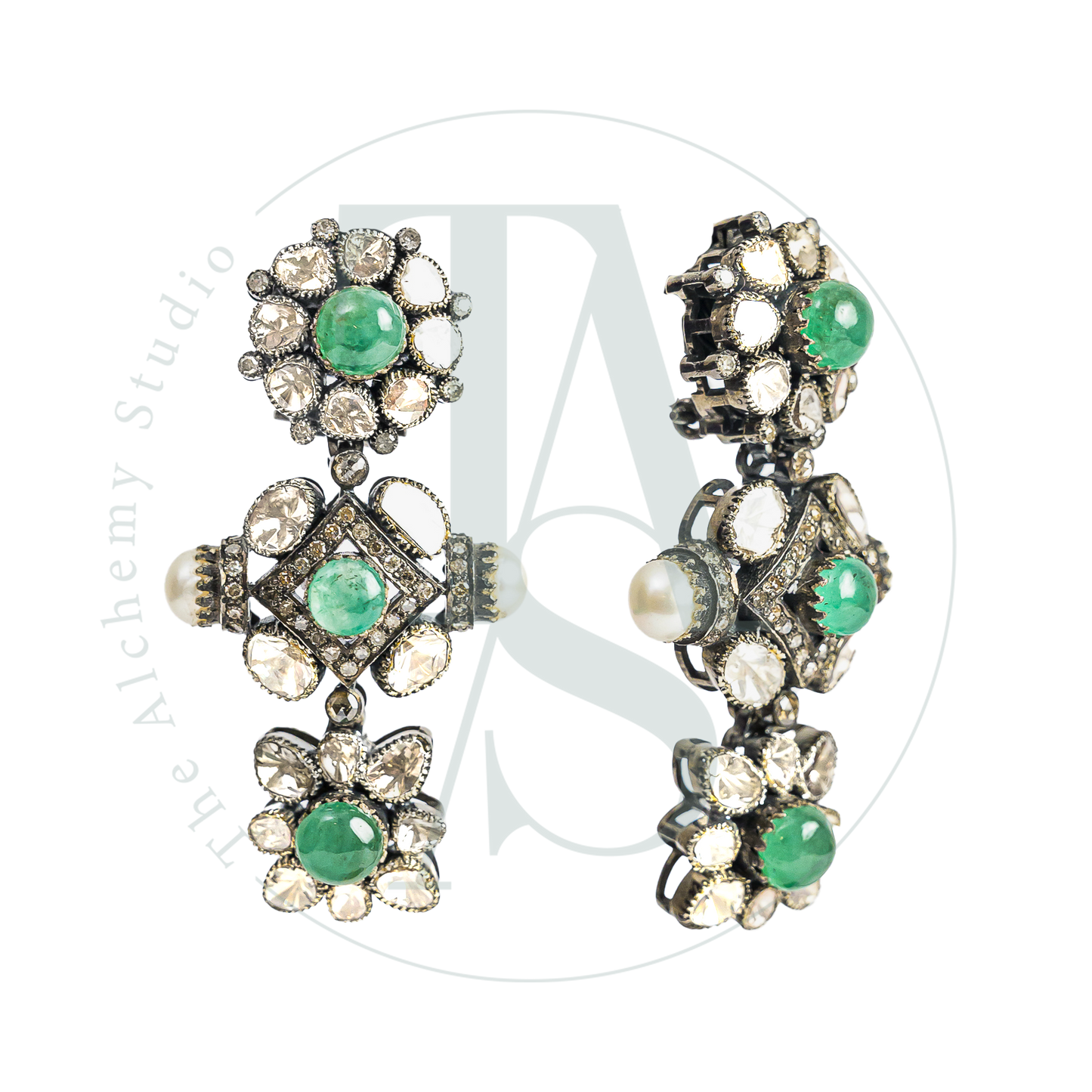 Inika Asymmetric Emerald and Uncut Diamond Earrings