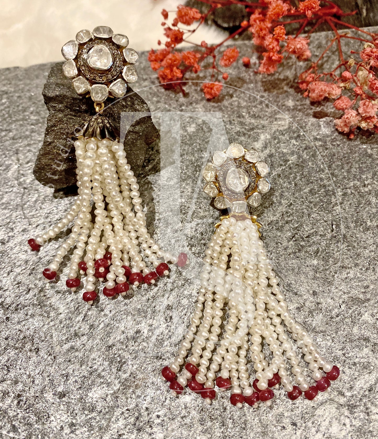 Uncut Diamond Flower Pearl Fringe Earrings