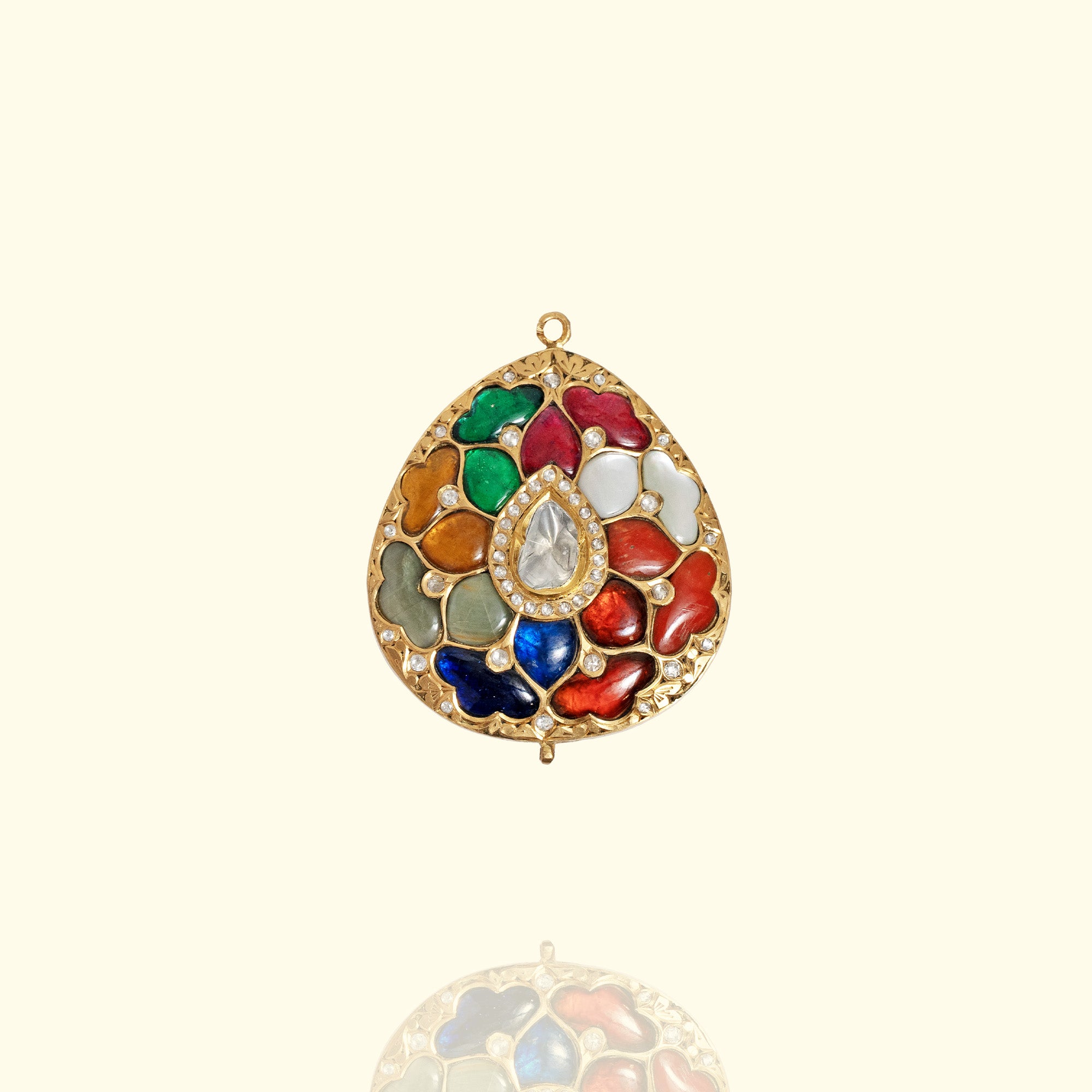 Navratan gemstone gold pendant, handcrafted luxury traditional jewellery, statement pendant necklace for women