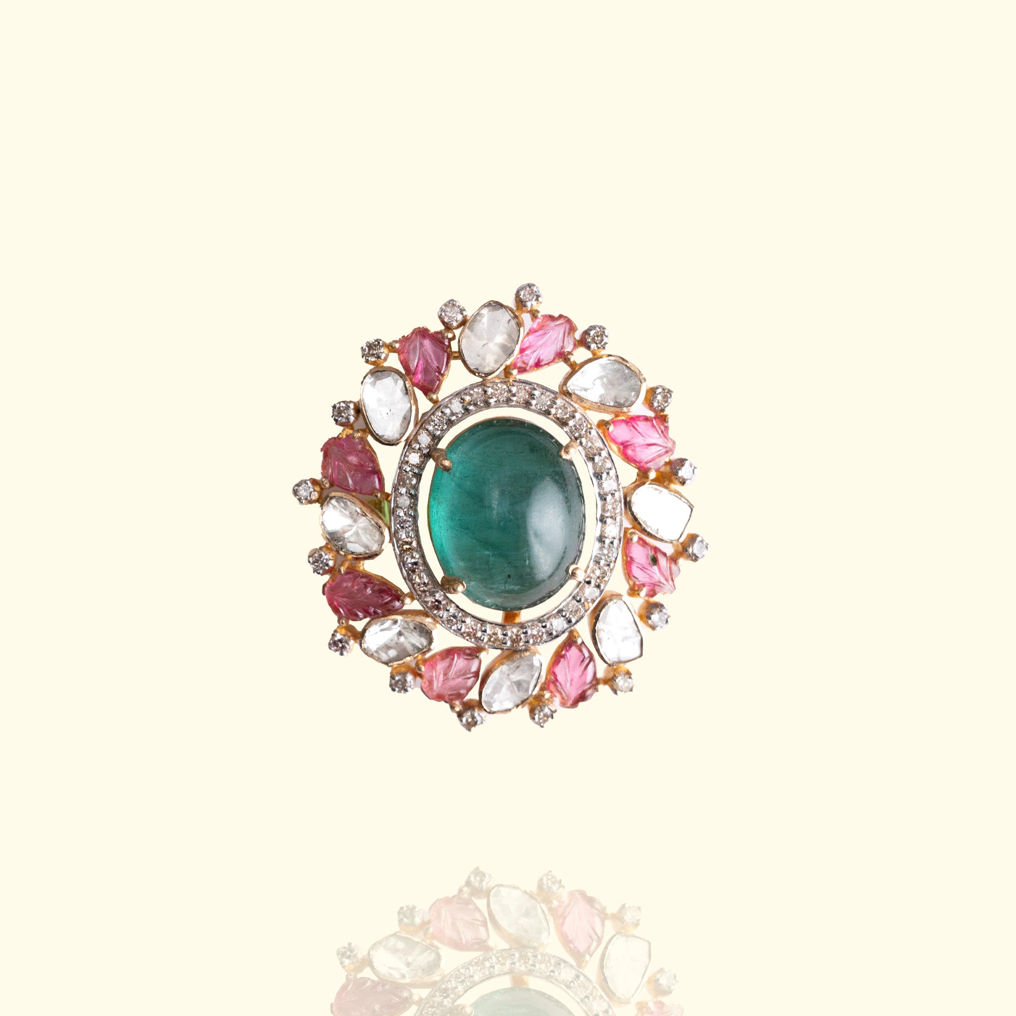 Ekiza Emerald Ruby Polki Ring (Detachable Pendant)