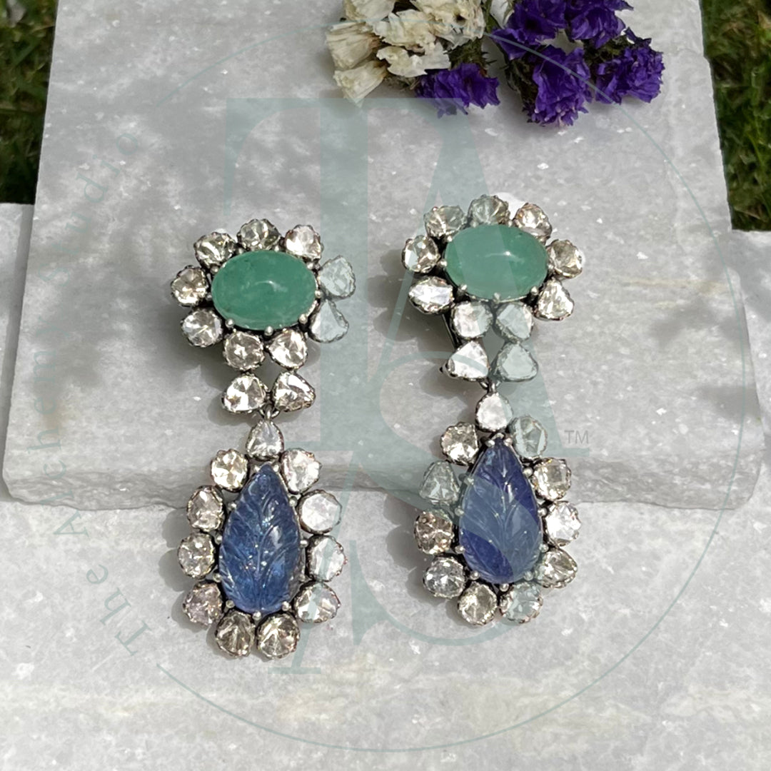 Tanzanite and Emerald Floral Flow Uncut Diamond Earrings