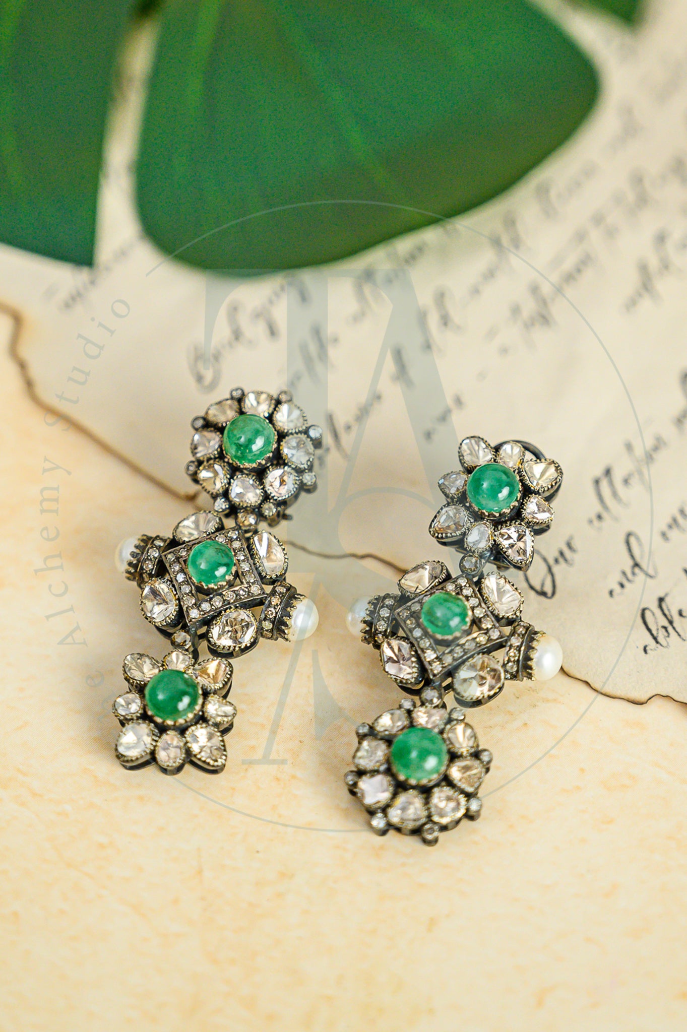Inika Asymmetric Emerald and Uncut Diamond Earrings