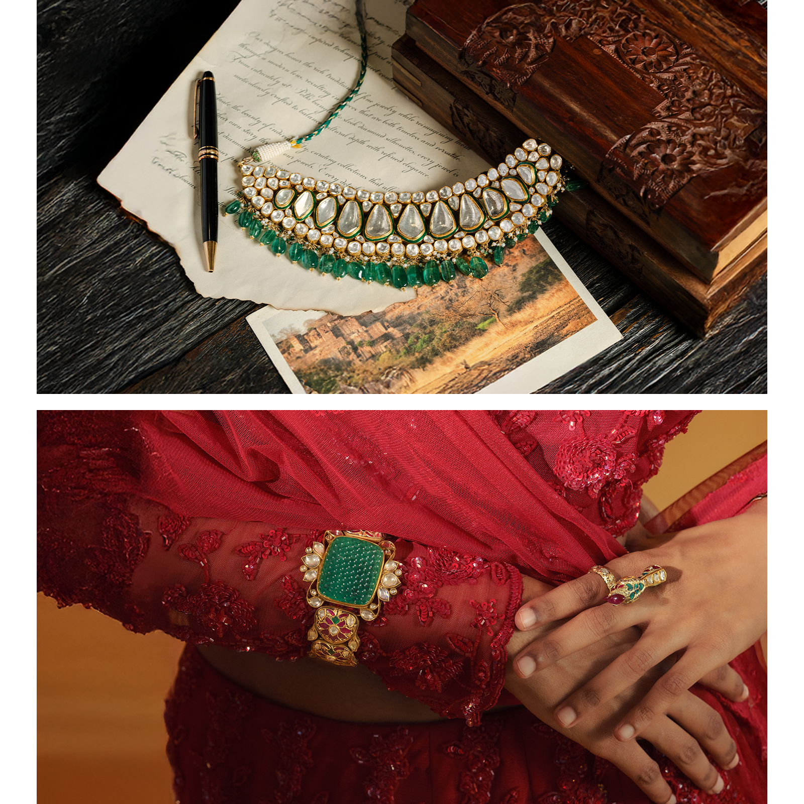 Flat lay of a traditional gold Polki choker featuring large pear-shaped uncut diamonds and a fringe of vibrant emerald beads, styled with a fountain pen, a vintage wooden box, and an old photograph.
Close-up of a model wearing a significant green carved emerald bangle bracelet with intricate gold and ruby accents, paired with a matching panchi, bird-motif Polki ring over a red embroidered sleeve.