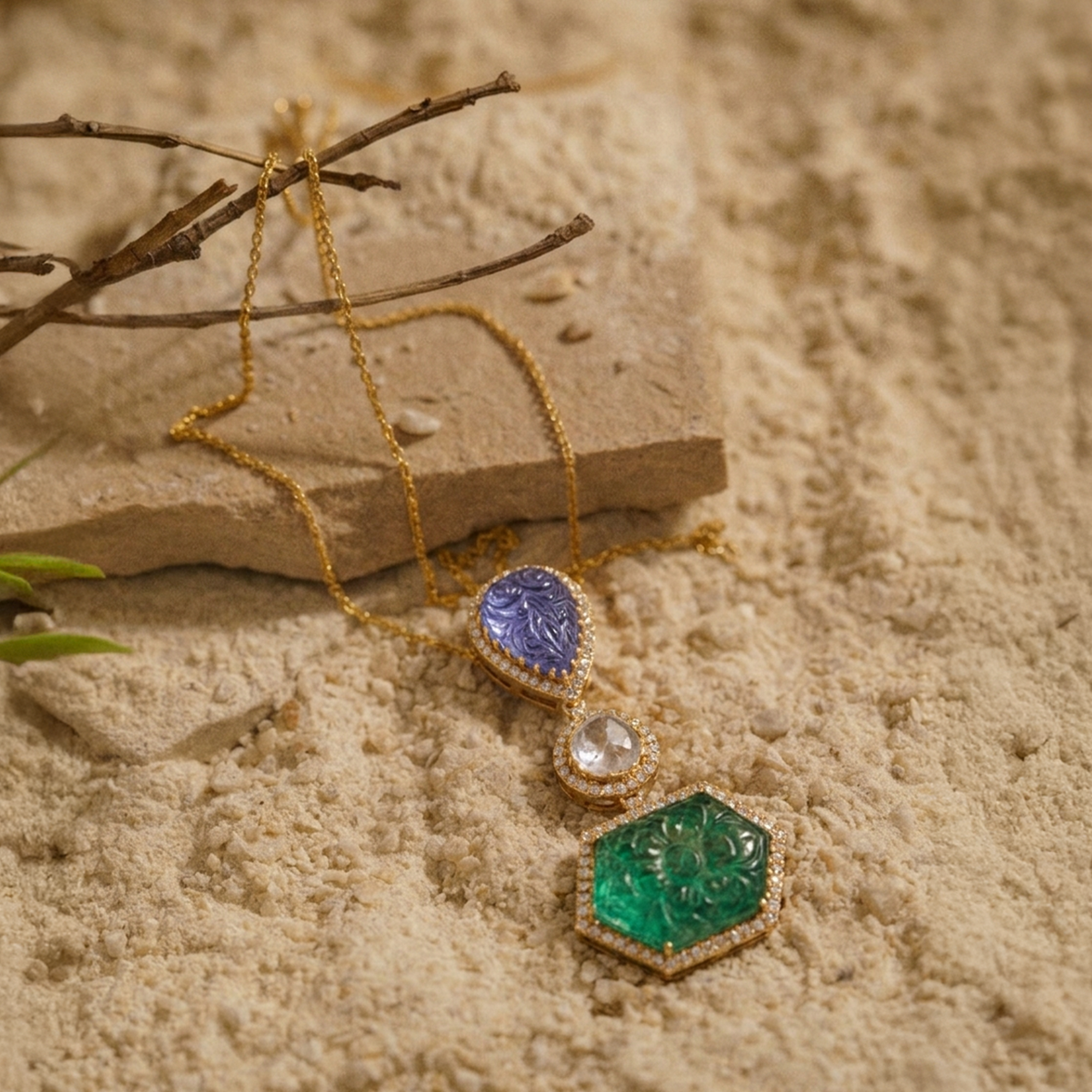 Emerald and tanzanite Polki diamond gold pendant, handcrafted luxury traditional jewellery, statement pendant for women