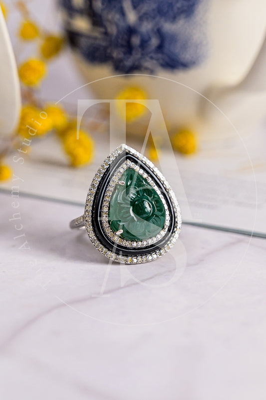 Ira Carved Emerald and Diamond Ring