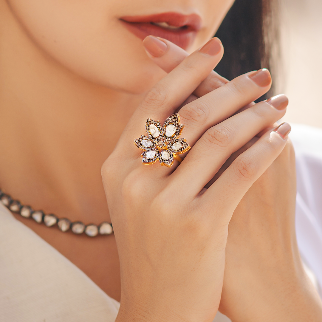 Asymmetric Flower Polki Ring
