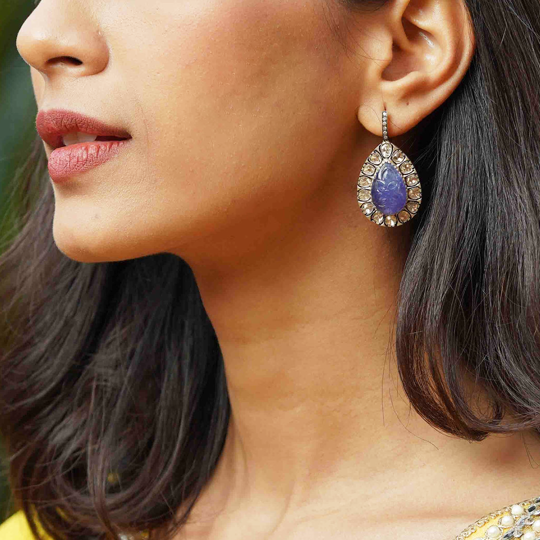 Ray Polki Carved Tanzanite Earrings