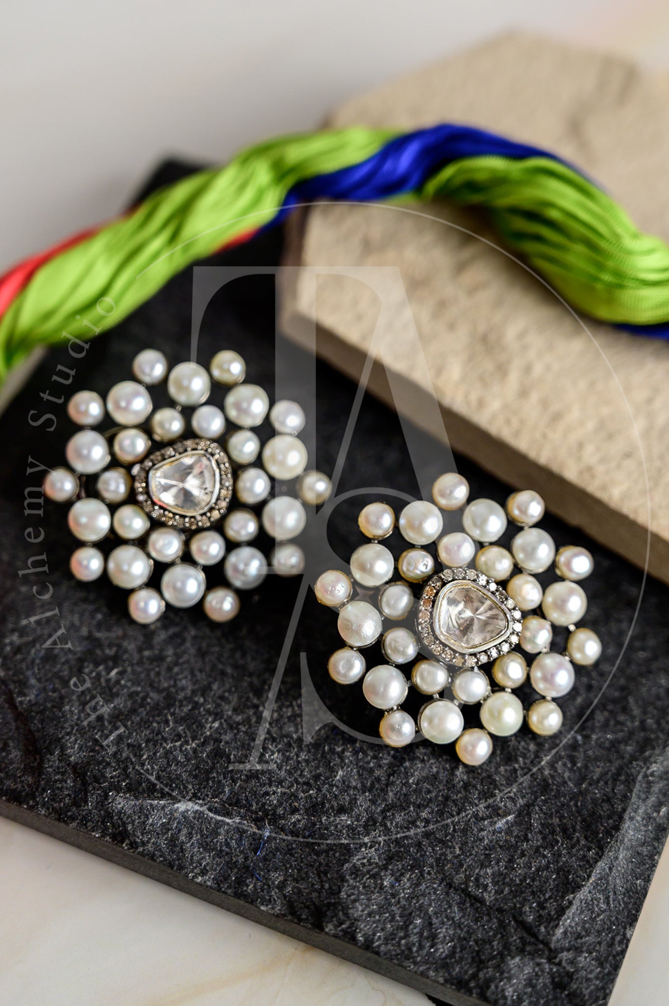 Pearl Flower Web Uncut Diamond Earrings