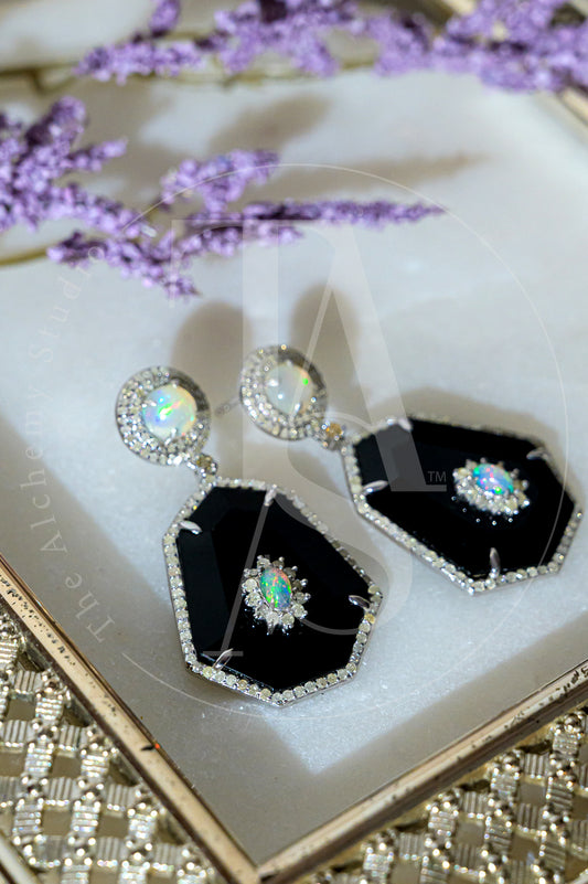 Night Moon Black Onyx and Opal Earrings