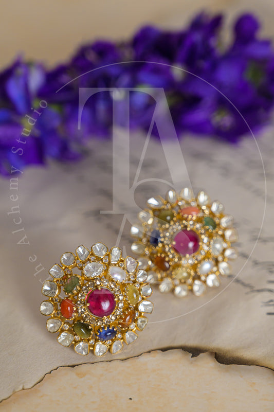 18kt Gold Aasmi Navratan and Uncut Diamond Earrings
