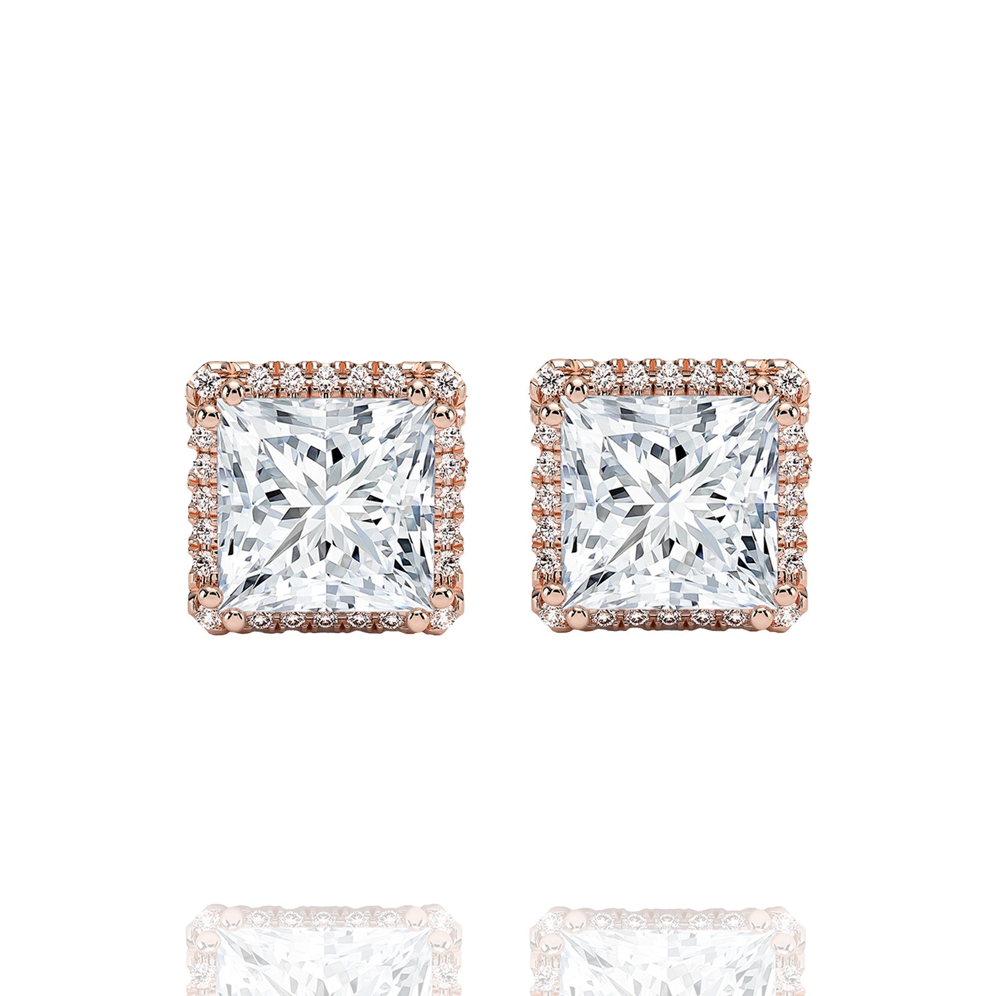 classic halo princess lab grown solitaire earrings