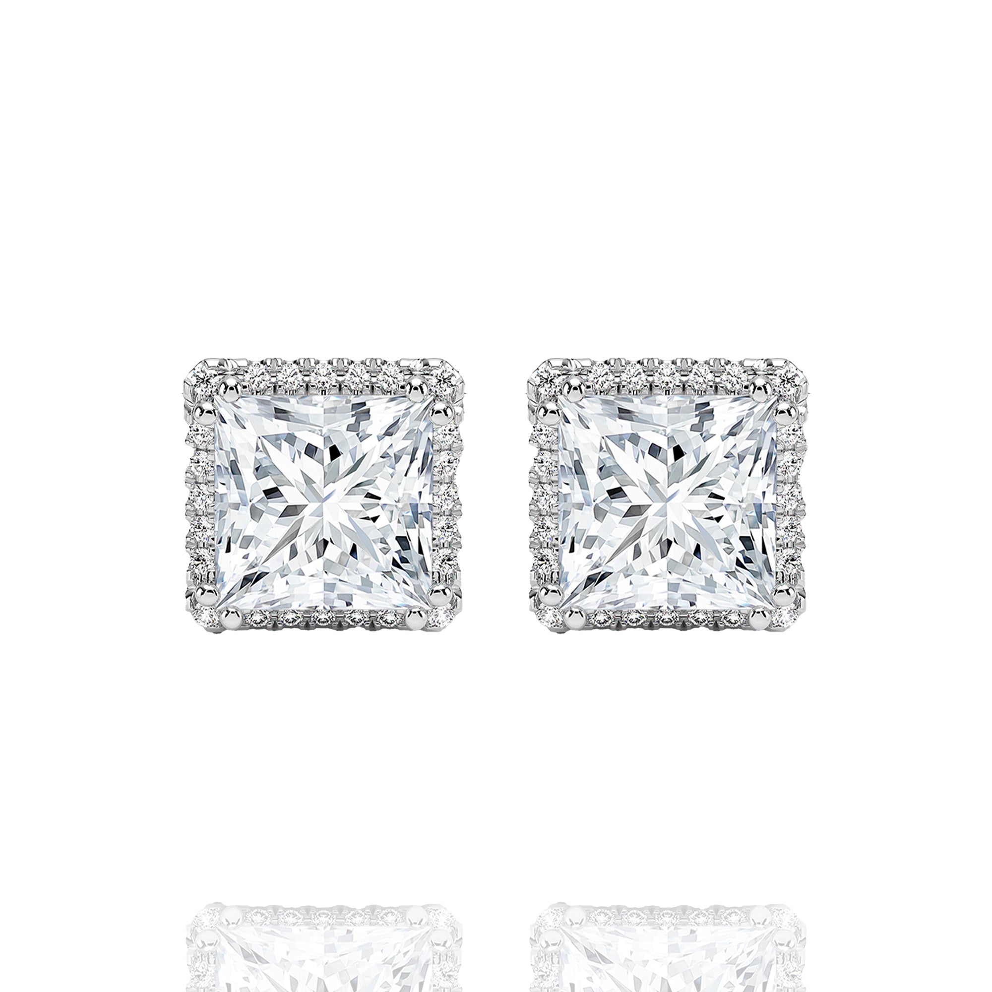 classic halo princess lab grown solitaire earrings