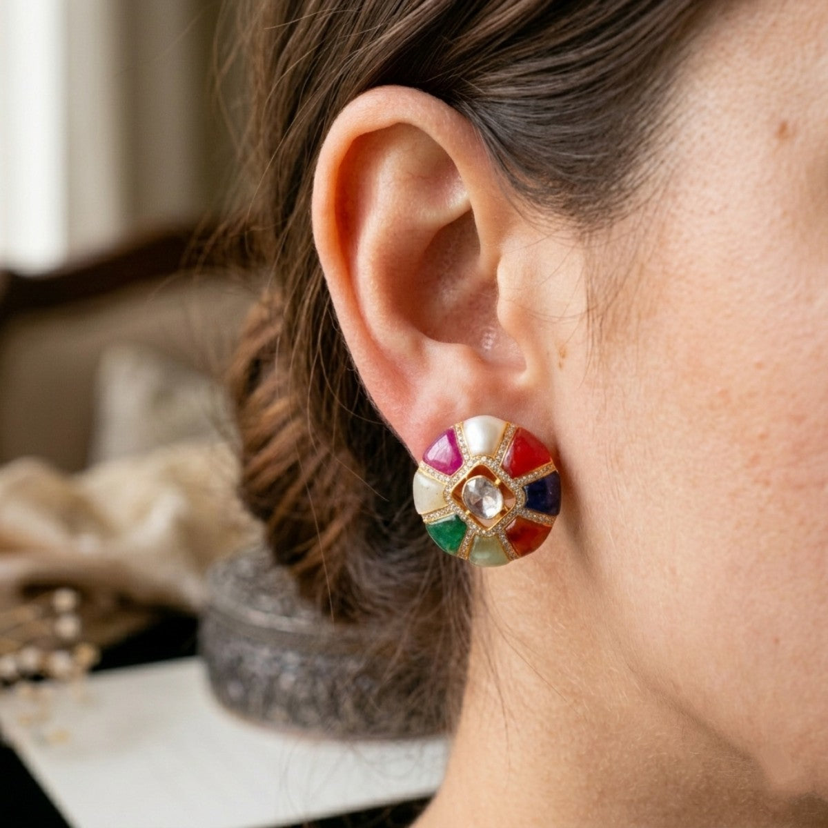 Varya Polki Navratan Earrings