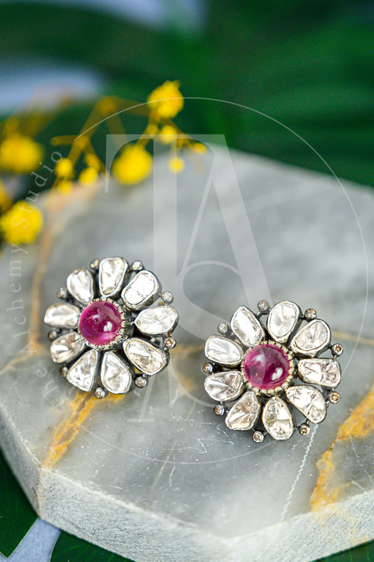 Amara Ruby Uncut Diamond Flower Earrings