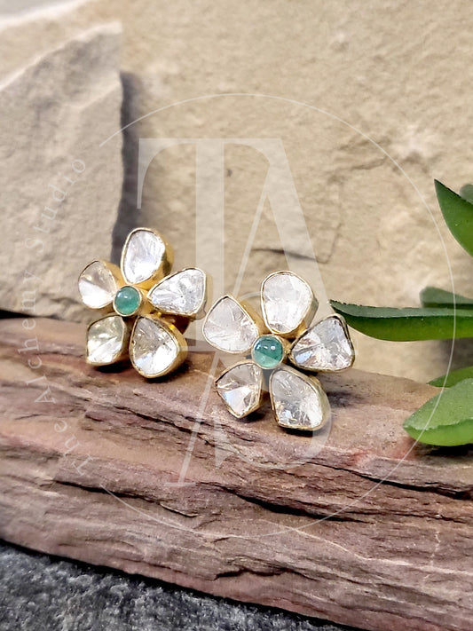 10kt Gold Petite Fleur  Uncut Diamond Earrings