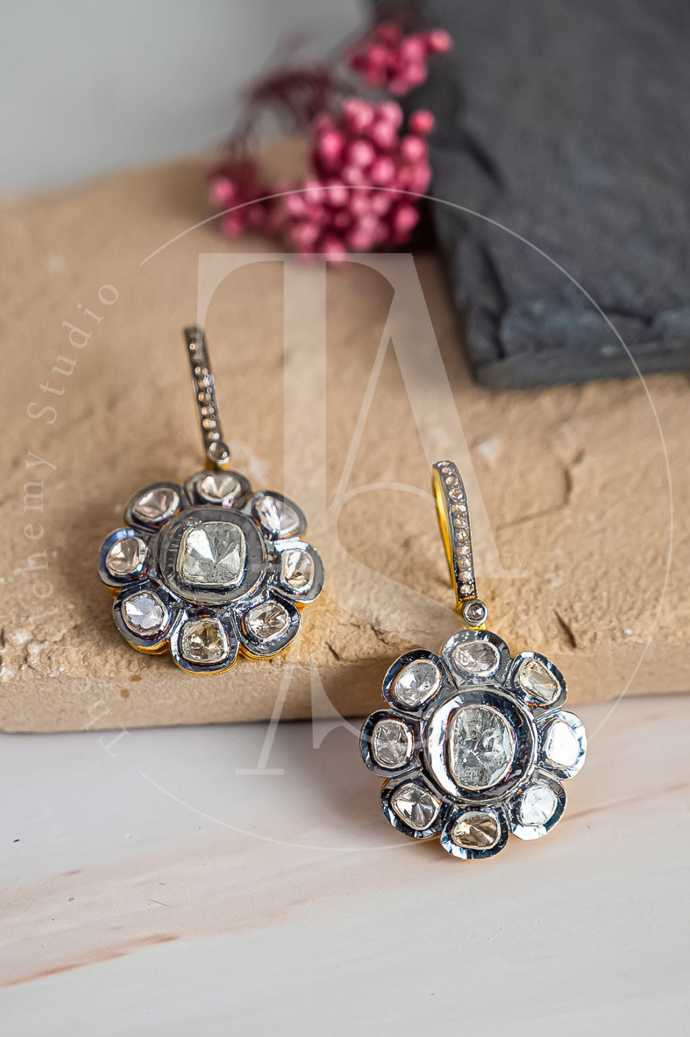 Vintage Uncut Diamond Hanging Flower Earrings