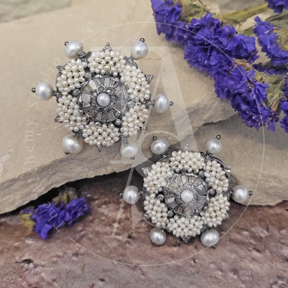 Woven Star Rose Cuts Diamond Pearl Earrings