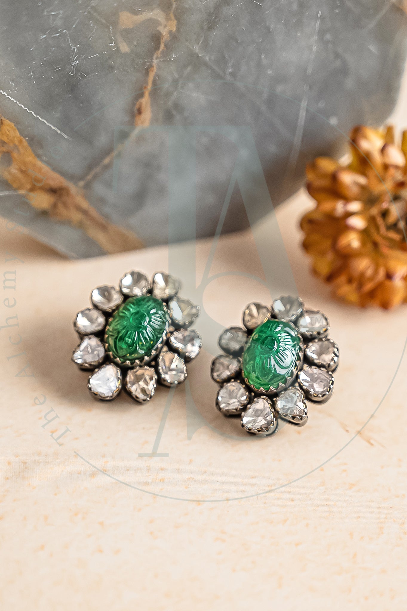 Carved Emerald Fiora Uncut Diamond Earrings