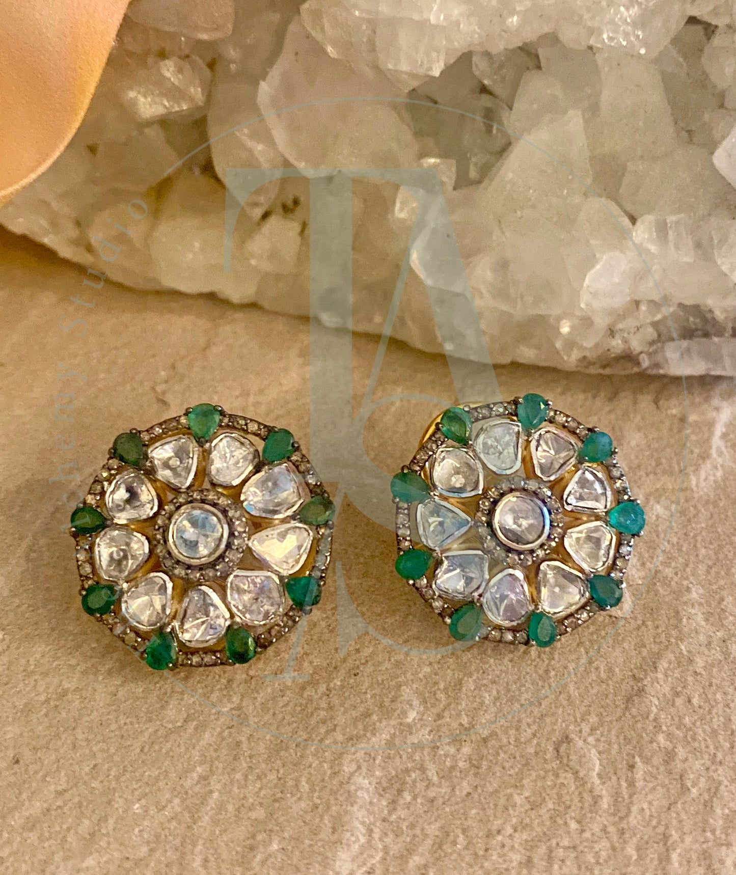 Uncut Diamond and Emerald Flower Tops